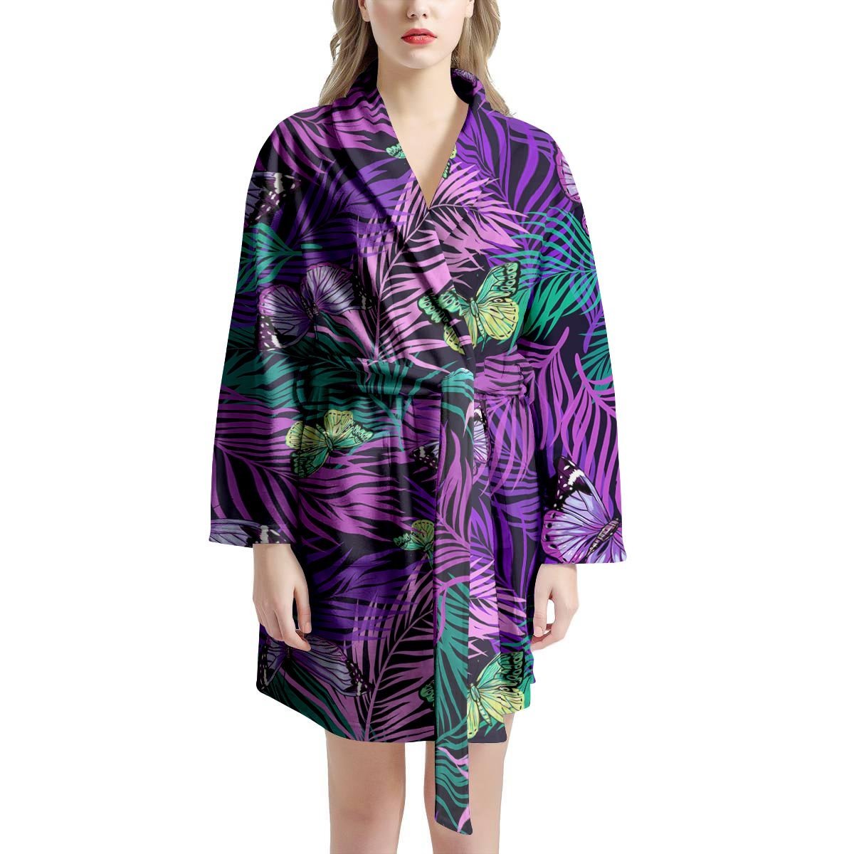 Neon Purple Tropical Palm Tree Butterfly Print Women's Robe-grizzshop