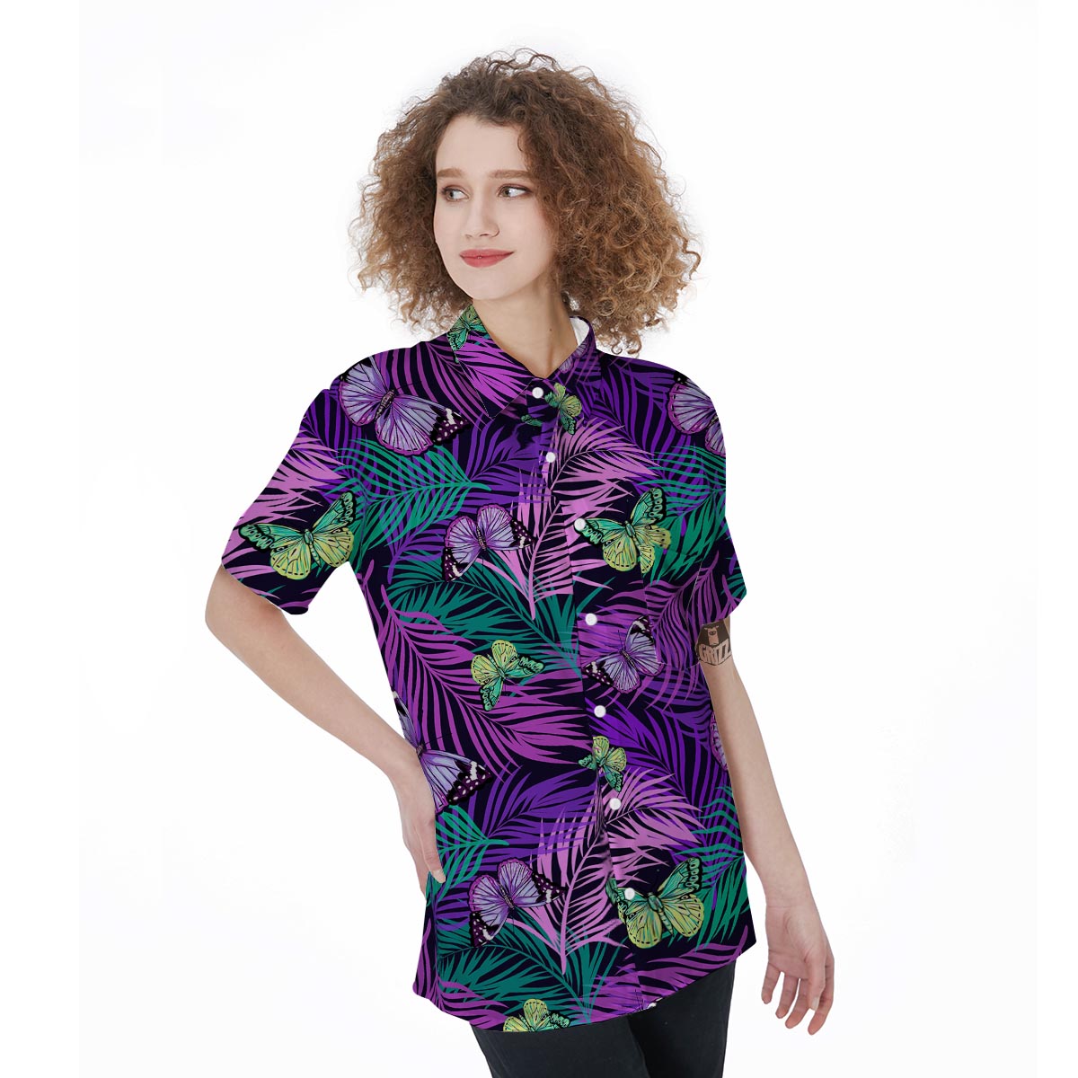 Neon Purple Tropical Palm Tree Butterfly Print Women's Short Sleeve Shirts-grizzshop