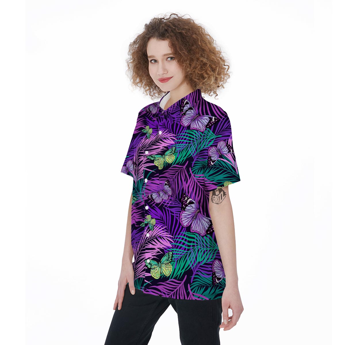 Neon Purple Tropical Palm Tree Butterfly Print Women's Short Sleeve Shirts-grizzshop
