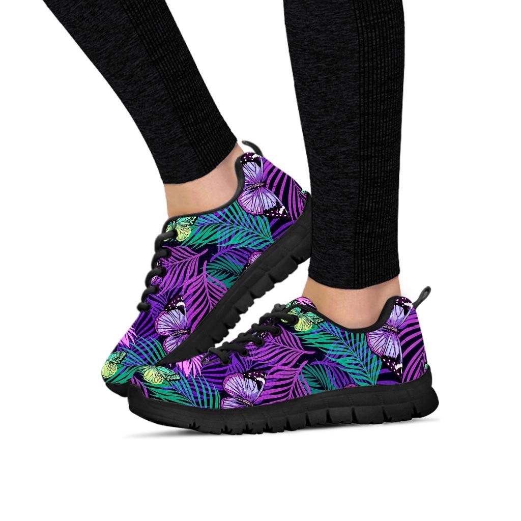 Neon Purple Tropical Palm Tree Butterfly Print Women's Sneakers-grizzshop