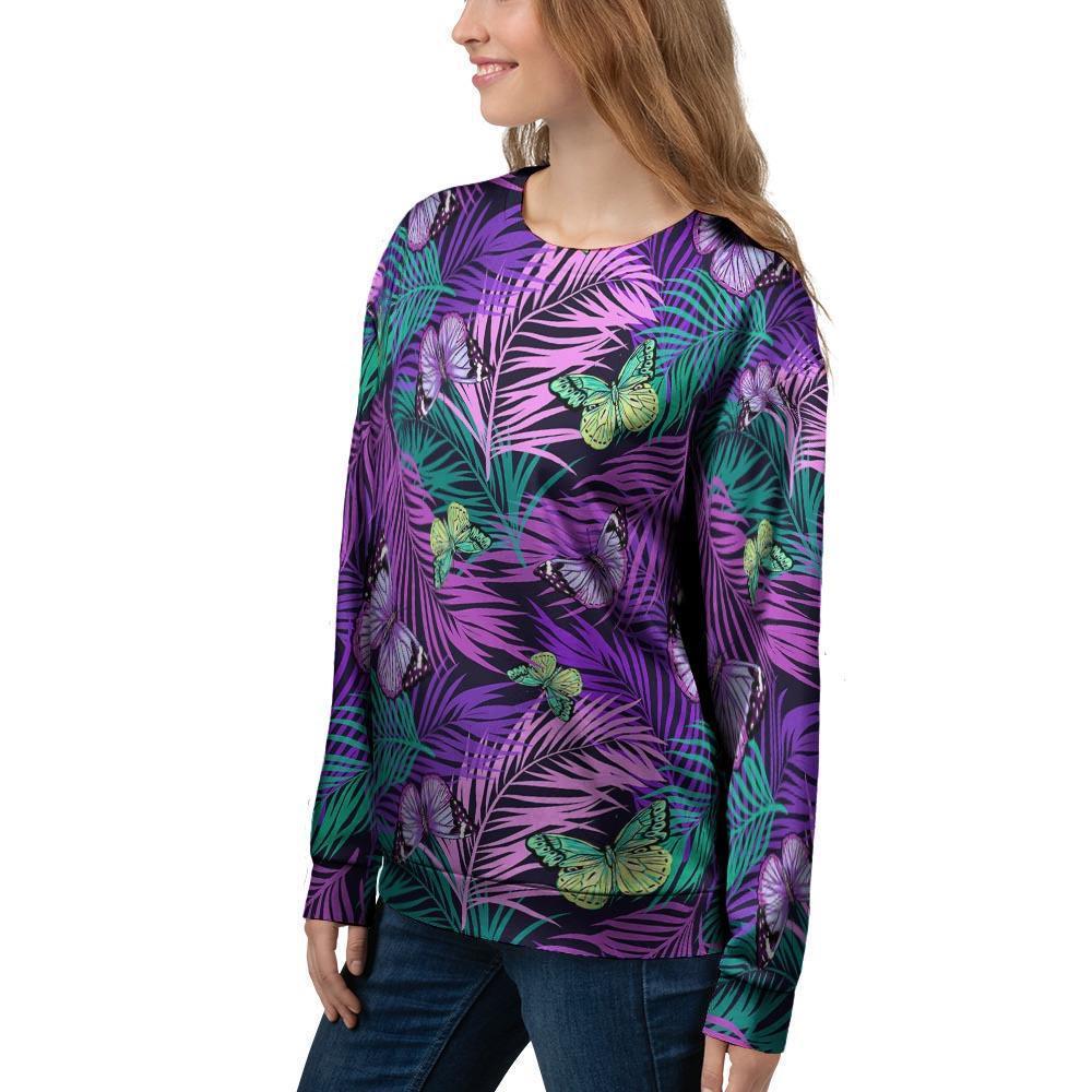 Neon Purple Tropical Palm Tree Butterfly Print Women's Sweatshirt-grizzshop