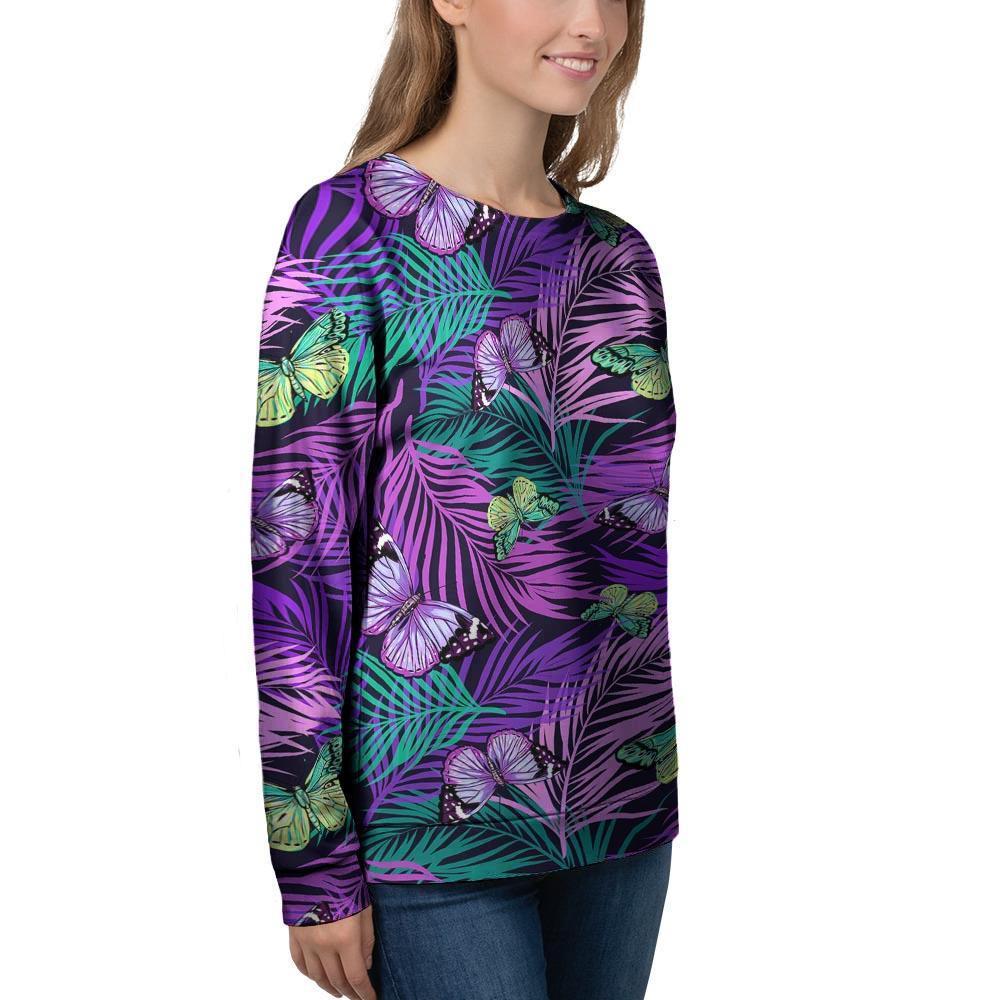 Neon Purple Tropical Palm Tree Butterfly Print Women's Sweatshirt-grizzshop