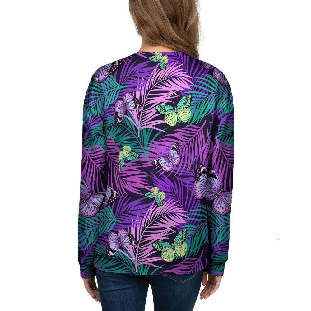 Neon Purple Tropical Palm Tree Butterfly Print Women's Sweatshirt-grizzshop