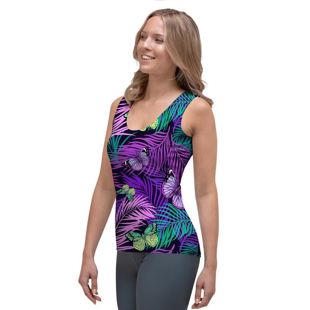 Neon Purple Tropical Palm Tree Butterfly Print Women's Tank Top-grizzshop
