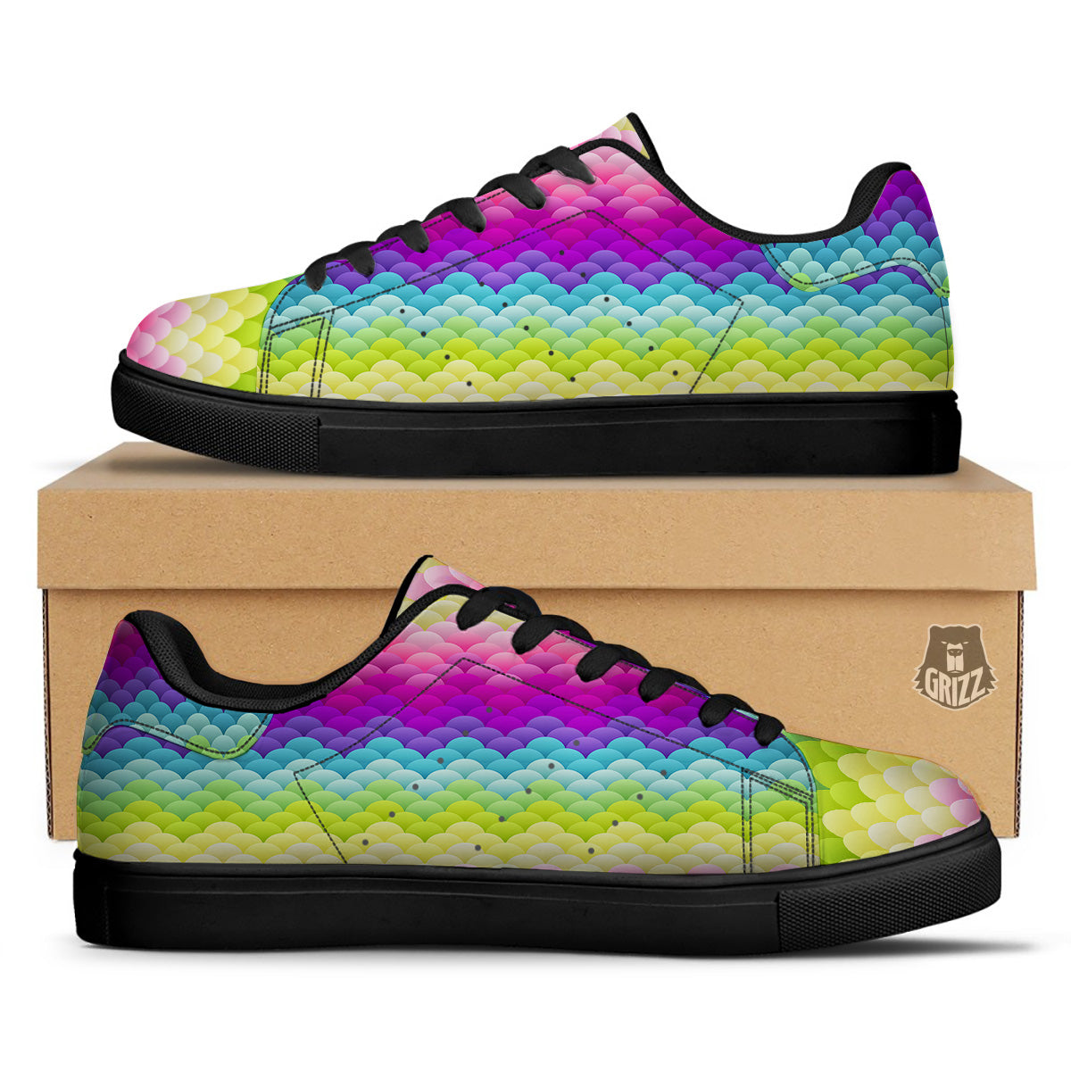 Neon Rainbow Light Blobs Print Pattern Black Low Top Sneakers-grizzshop