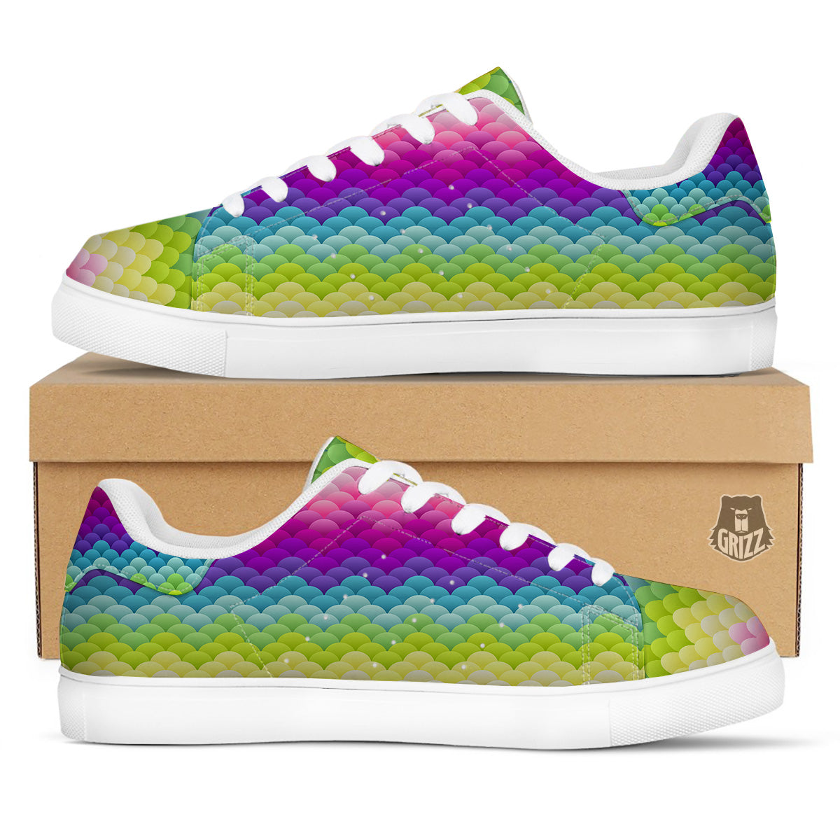 Neon Rainbow Light Blobs Print Pattern White Low Top Sneakers-grizzshop