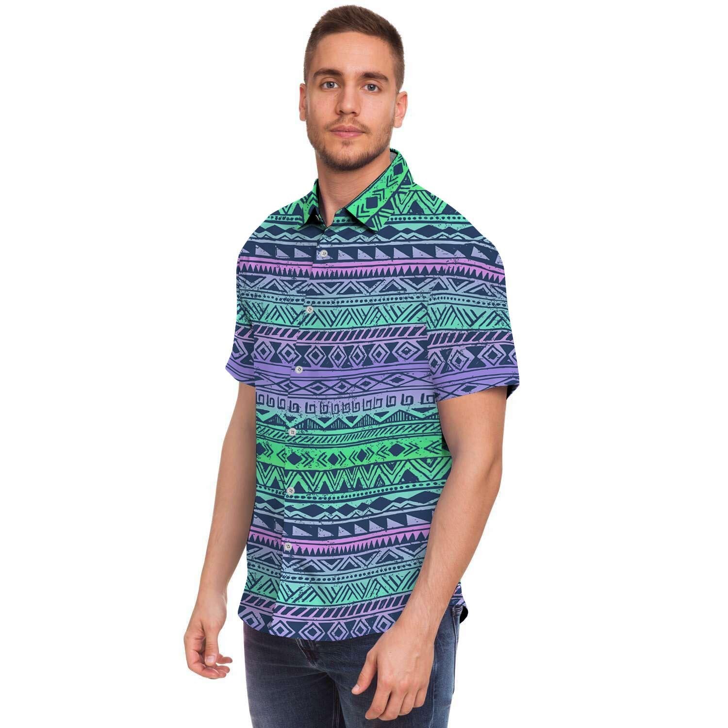 Neon Tribal Aztec Hand Drawn Men's Short Sleeve Shirt-grizzshop