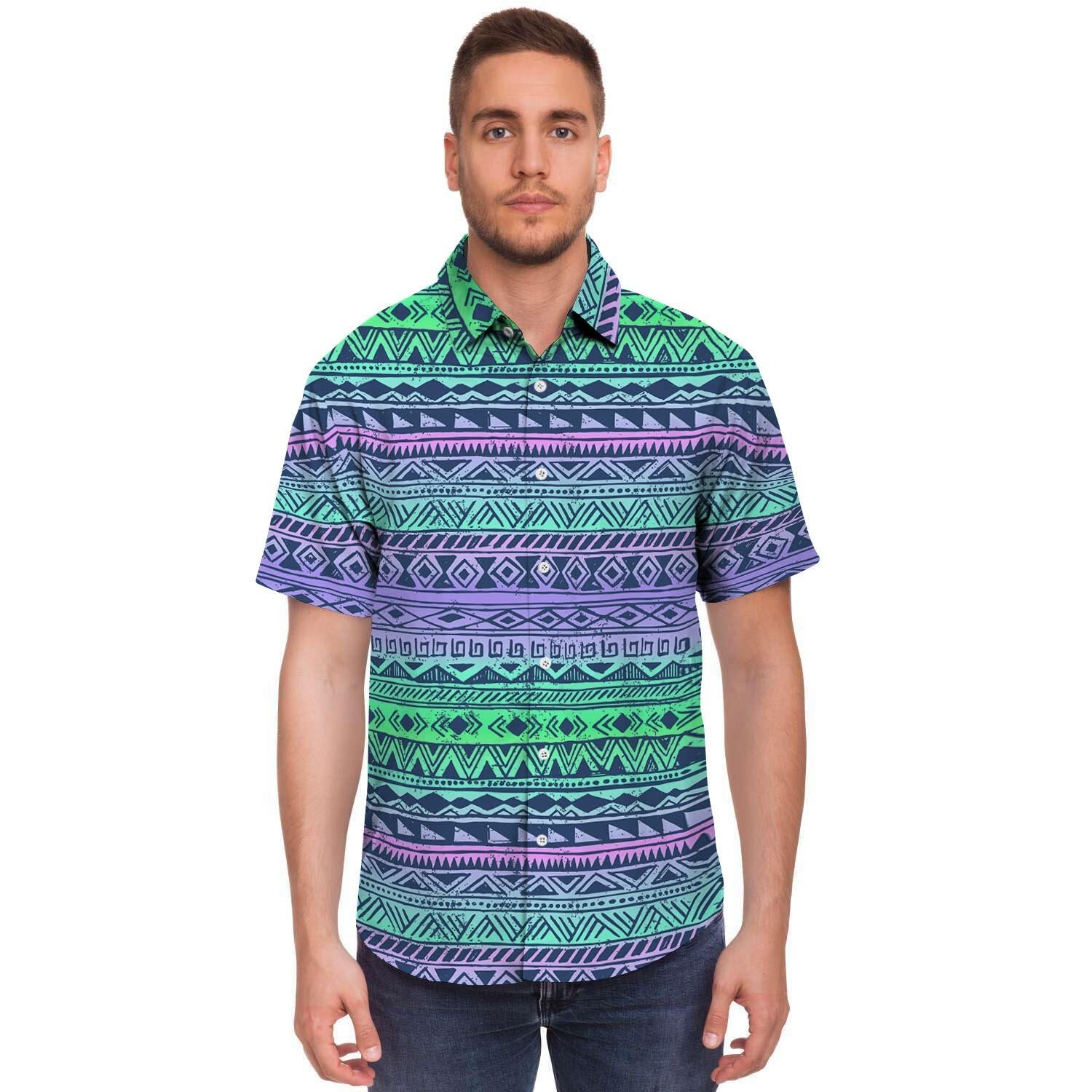 Neon Tribal Aztec Hand Drawn Men's Short Sleeve Shirt-grizzshop