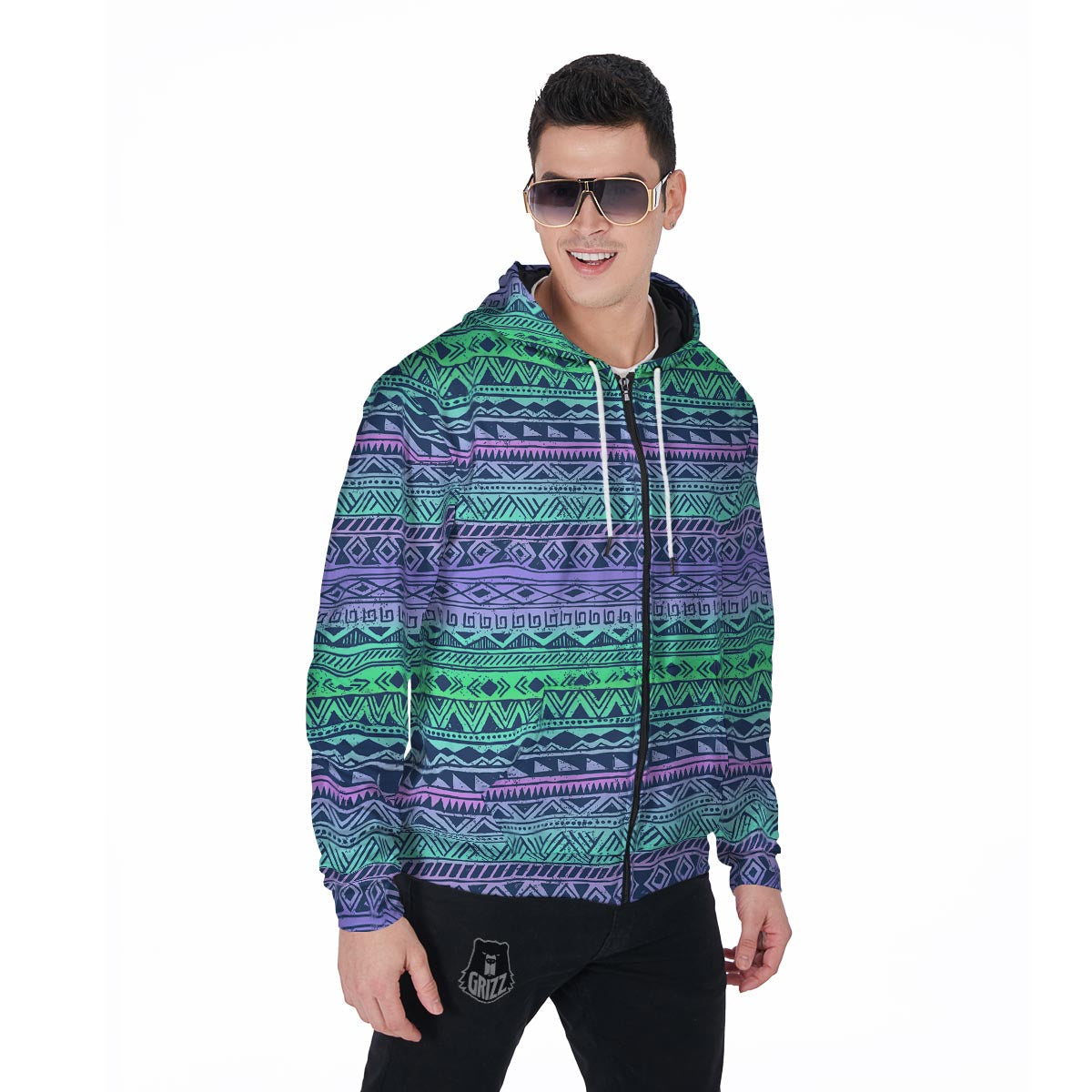 Neon Tribal Aztec Hand Drawn Men's Zip Up Hoodie-grizzshop