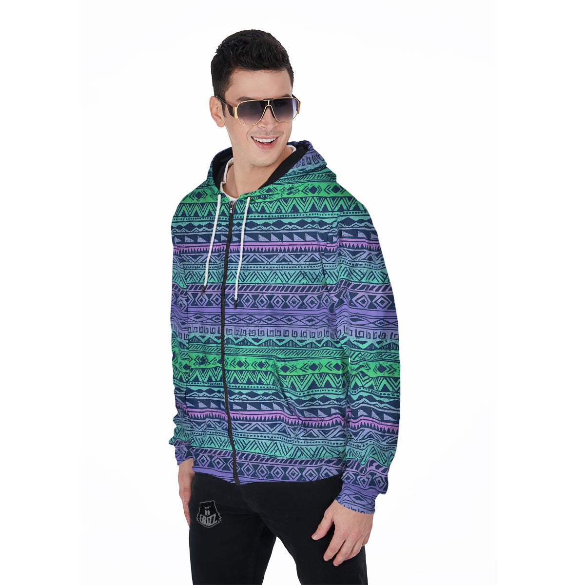 Neon Tribal Aztec Hand Drawn Men's Zip Up Hoodie-grizzshop