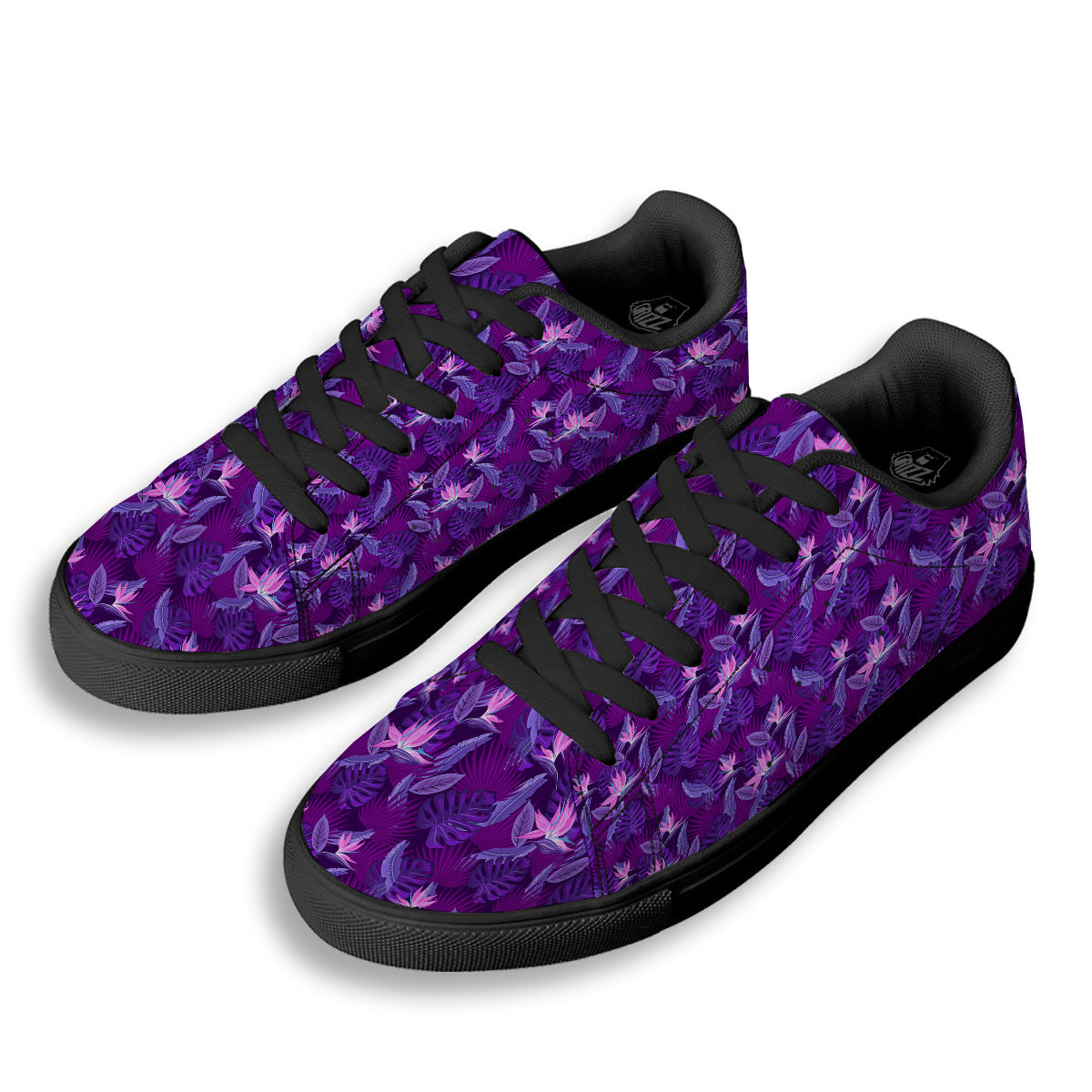 Neon Tropical Foliage And Leave Print Pattern Black Low Top Sneakers-grizzshop