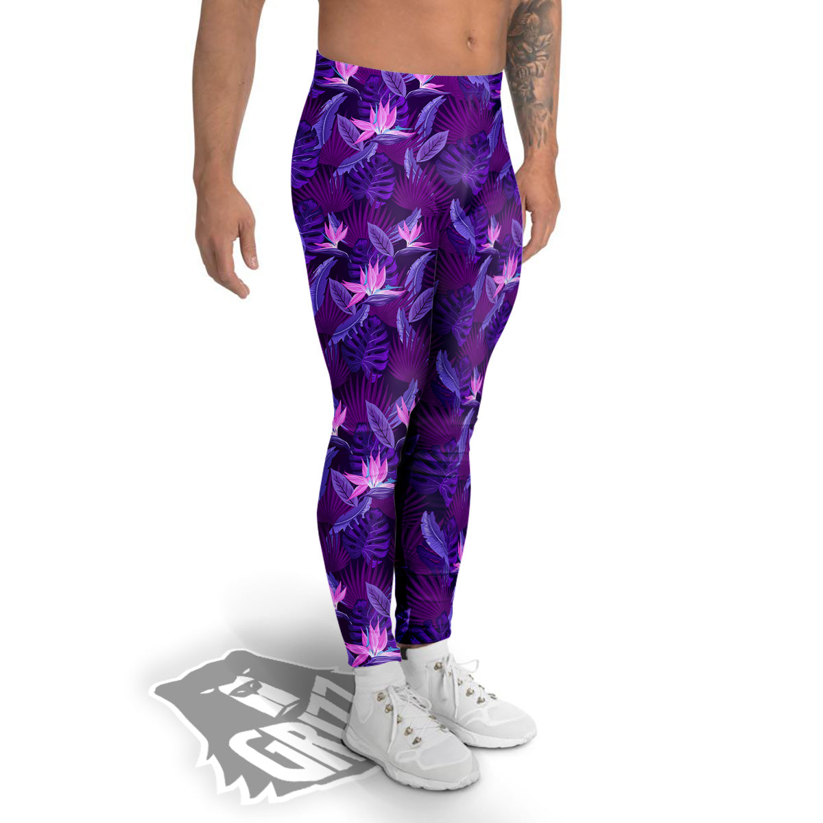 Neon Tropical Foliage And Leave Print Pattern Men's Leggings-grizzshop