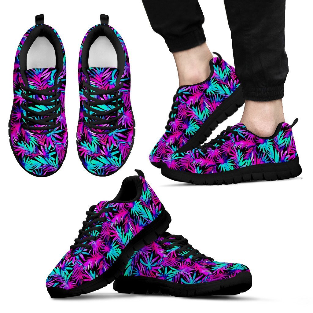 Neon Tropical Palm Leaves Hawaiian Pattern Print Black Sneaker Shoes For Men Women-grizzshop