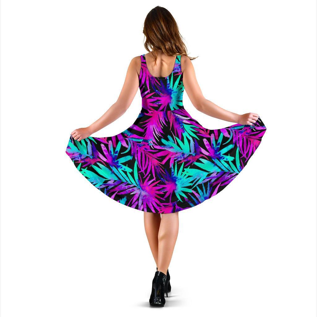 Neon Tropical Palm Leaves Hawaiian Pattern Print Dress-grizzshop