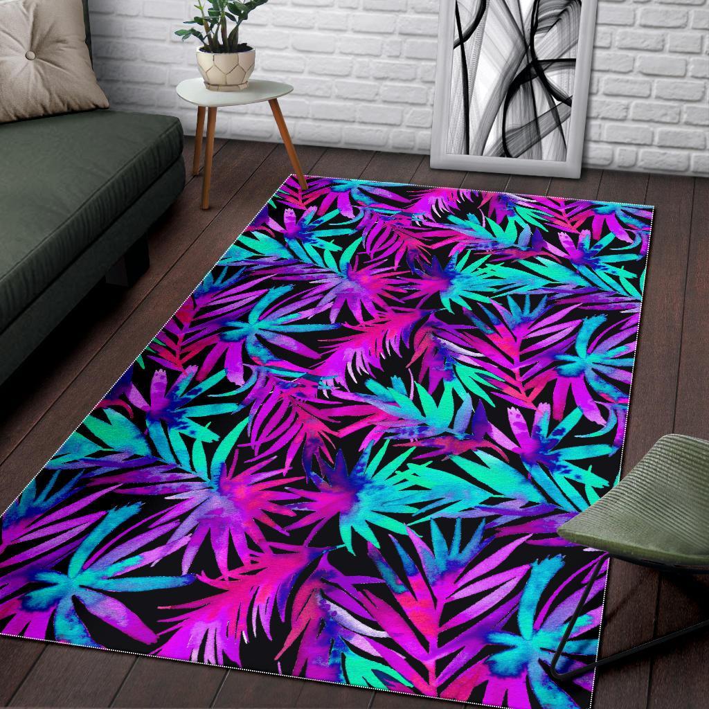 Neon Tropical Palm Leaves Hawaiian Pattern Print Floor Mat-grizzshop