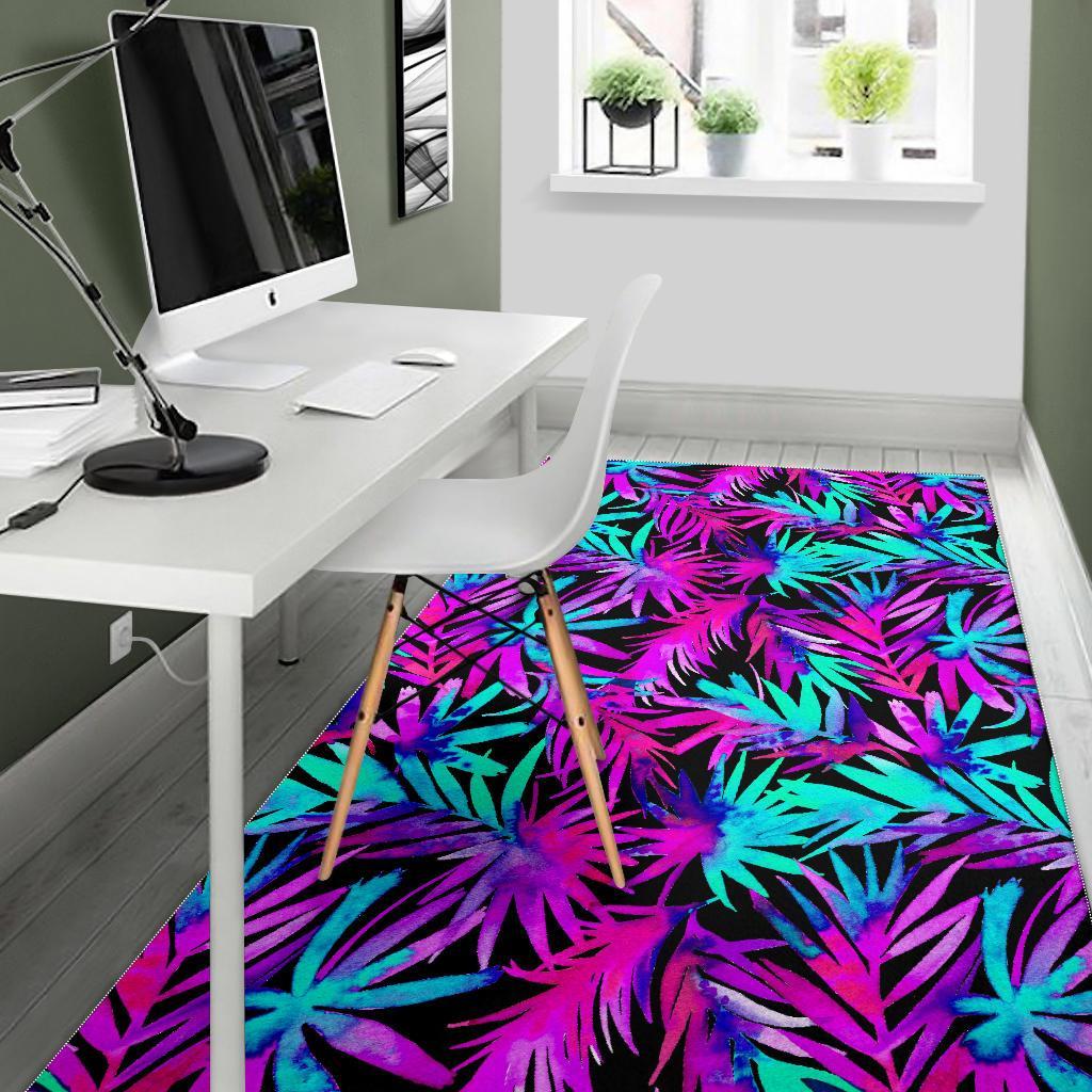 Neon Tropical Palm Leaves Hawaiian Pattern Print Floor Mat-grizzshop