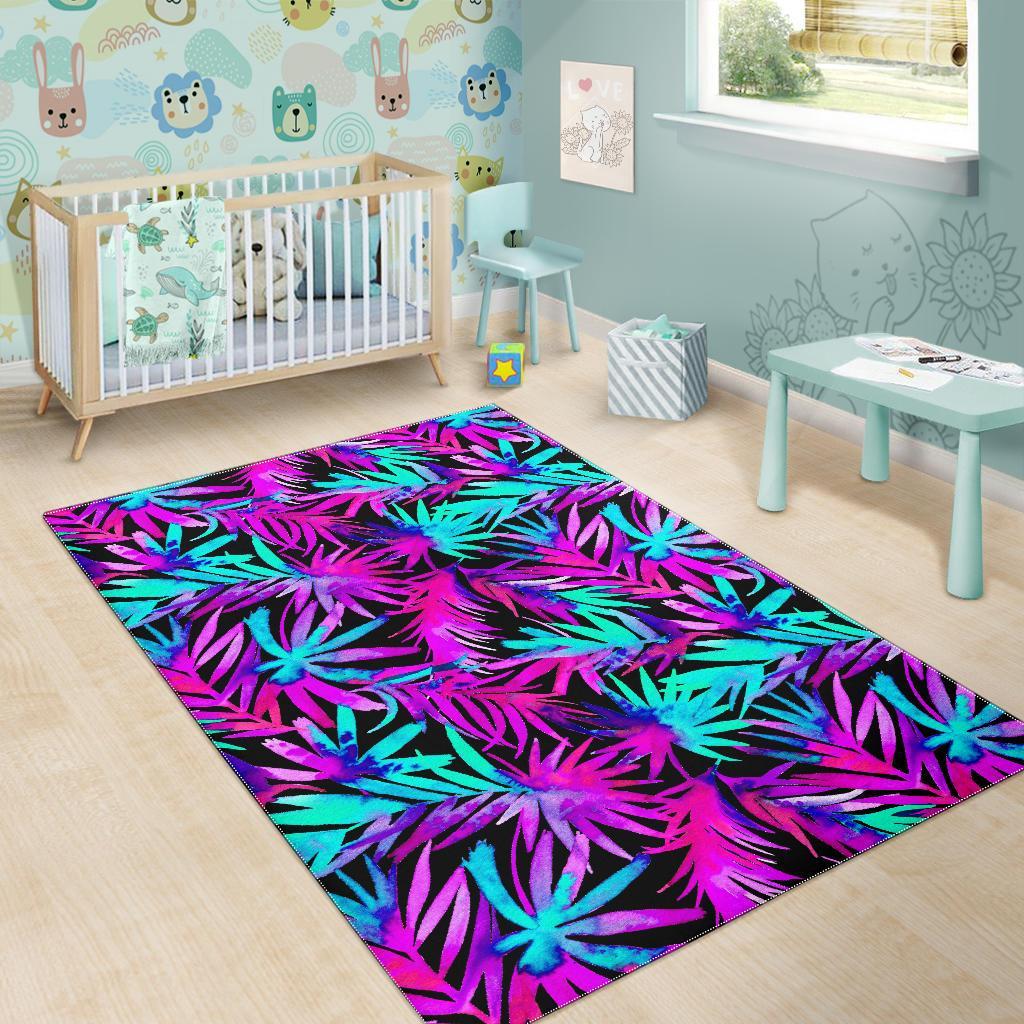 Neon Tropical Palm Leaves Hawaiian Pattern Print Floor Mat-grizzshop