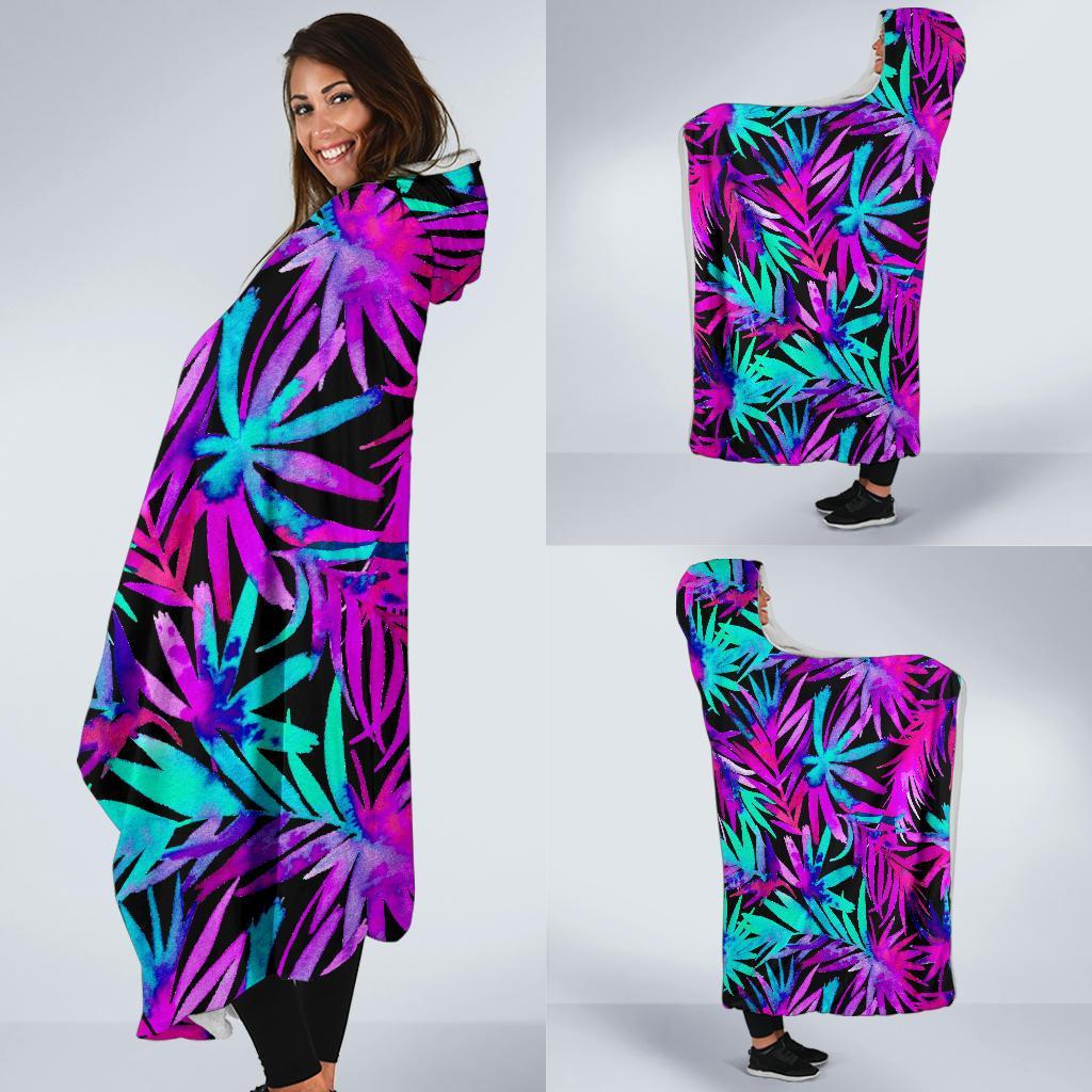 Neon Tropical Palm Leaves Hawaiian Pattern Print Hooded Blanket-grizzshop