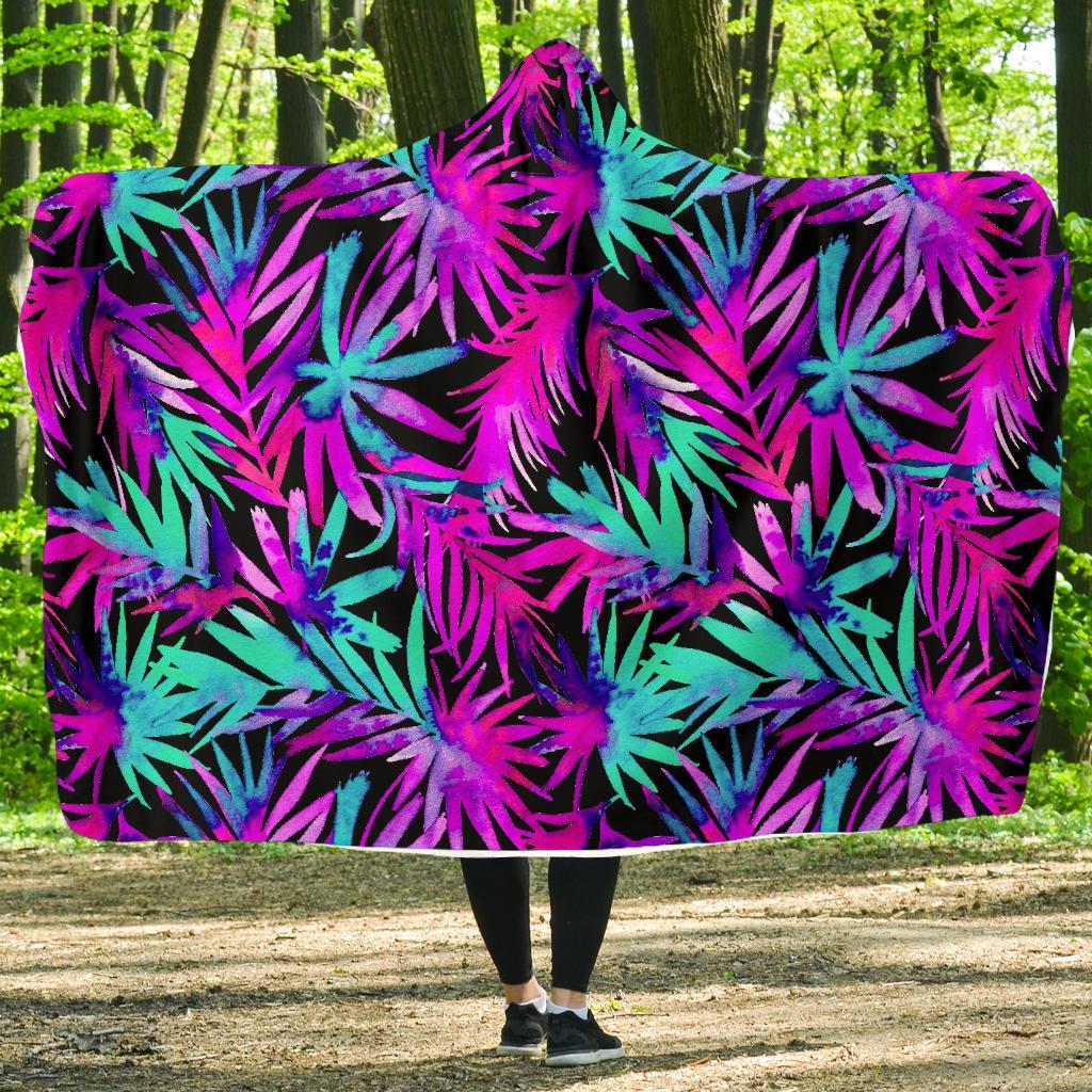 Neon Tropical Palm Leaves Hawaiian Pattern Print Hooded Blanket-grizzshop