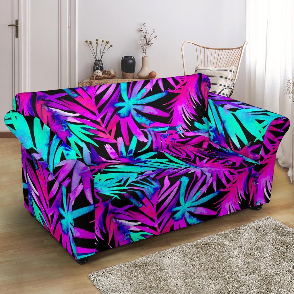 Neon Tropical Palm Leaves Hawaiian Pattern Print Loveseat Cover-grizzshop