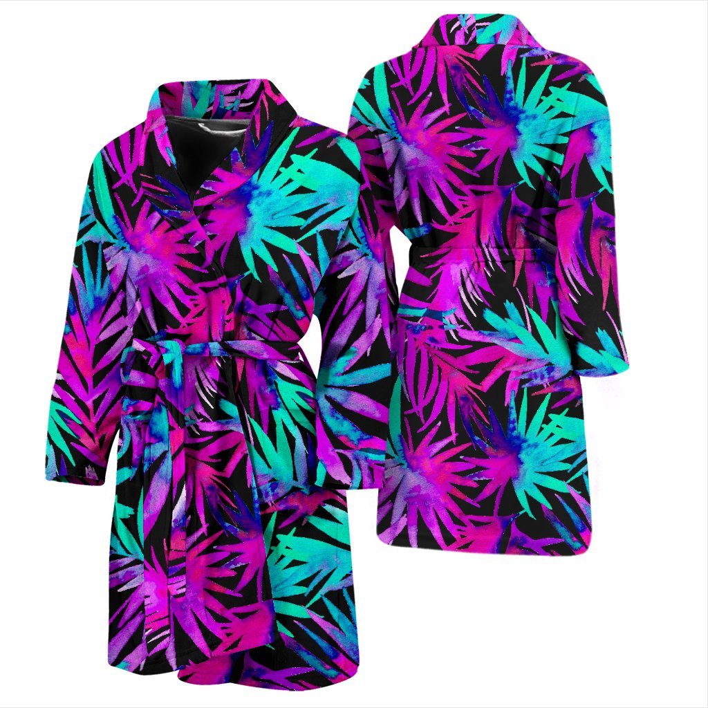 Neon Tropical Palm Leaves Hawaiian Pattern Print Men Long Robe-grizzshop