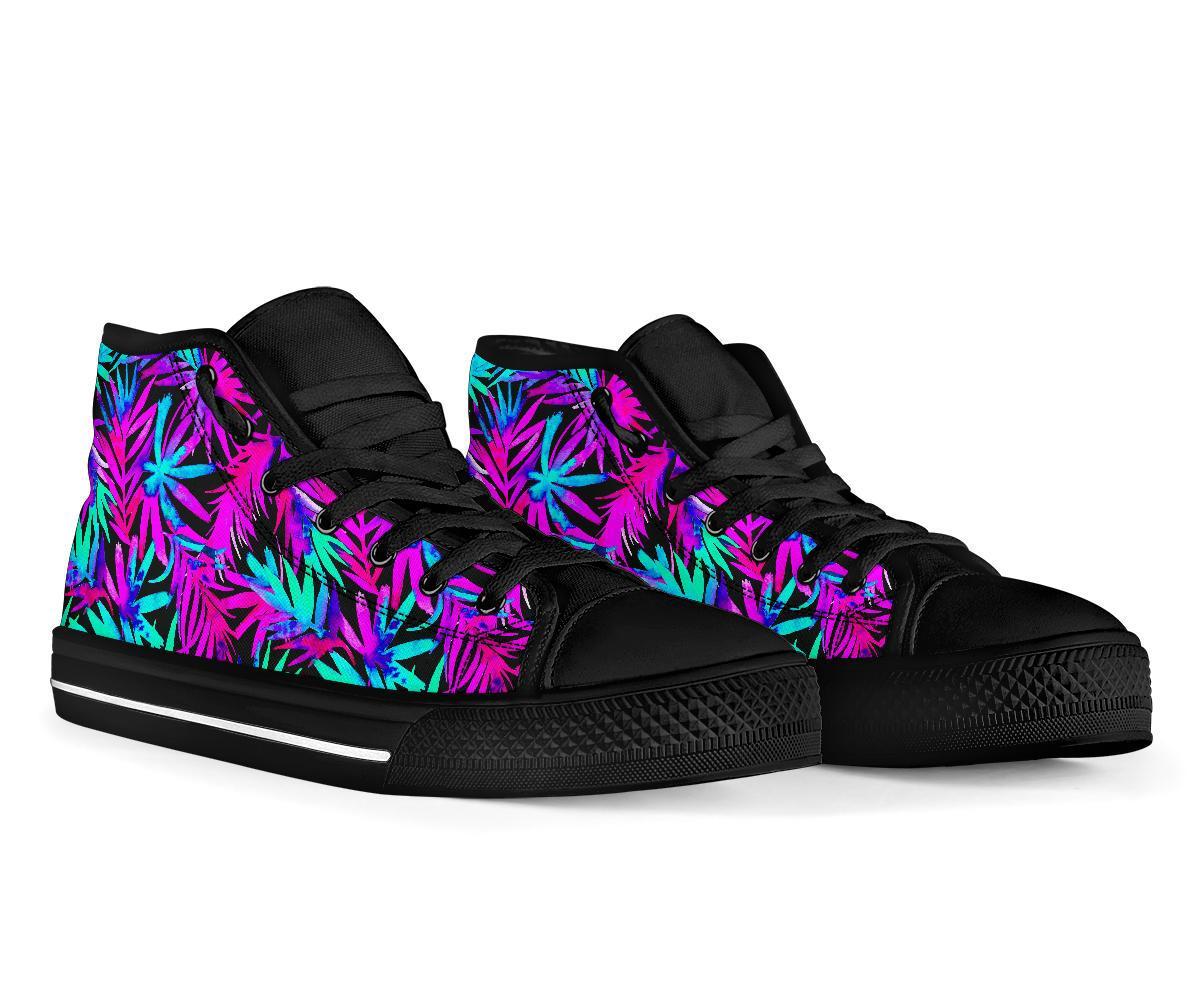Neon Tropical Palm Leaves Hawaiian Pattern Print Men Women's High Top Shoes-grizzshop