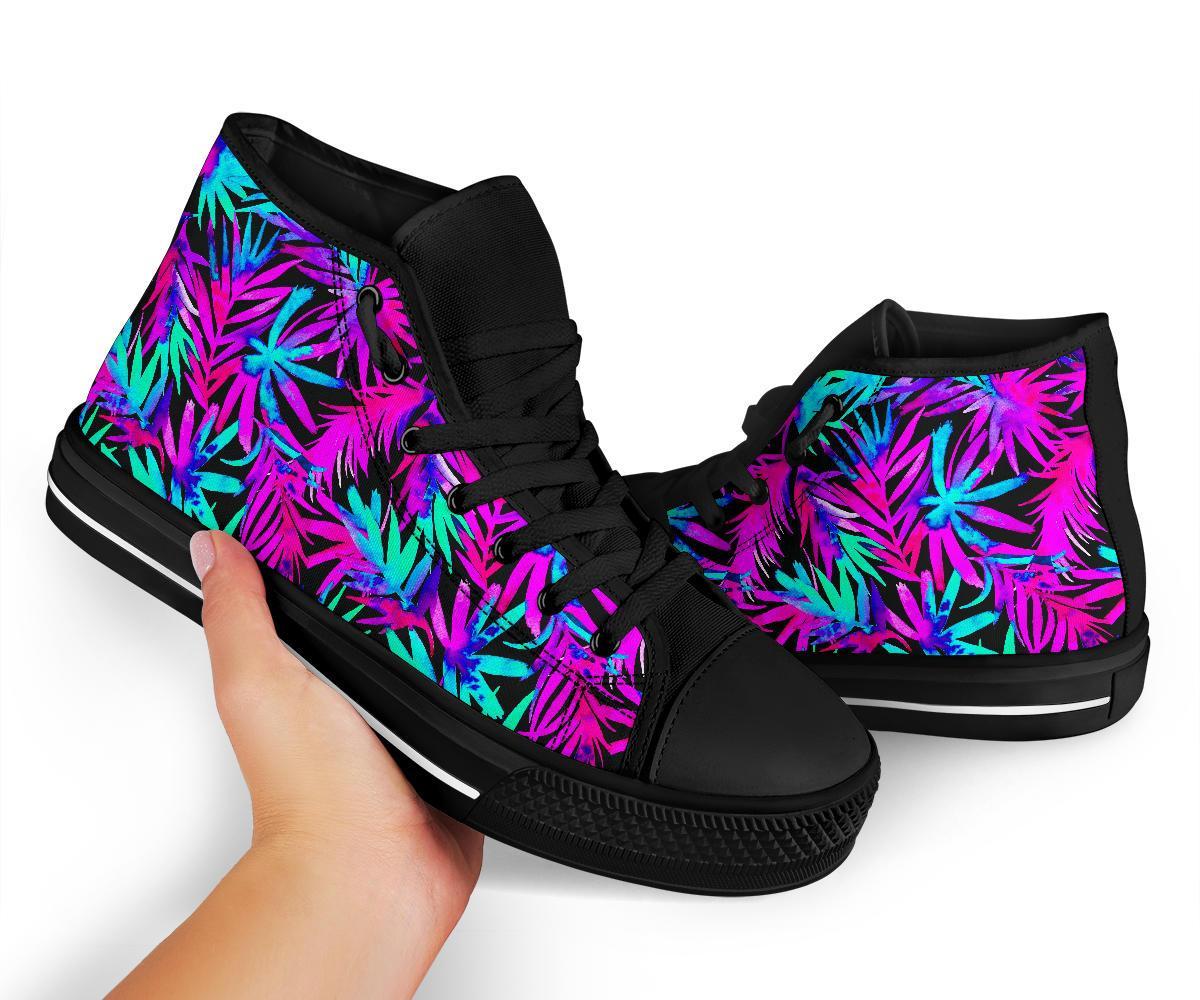 Neon Tropical Palm Leaves Hawaiian Pattern Print Men Women's High Top Shoes-grizzshop