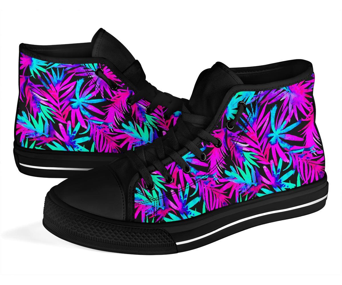 Neon Tropical Palm Leaves Hawaiian Pattern Print Men Women's High Top Shoes-grizzshop