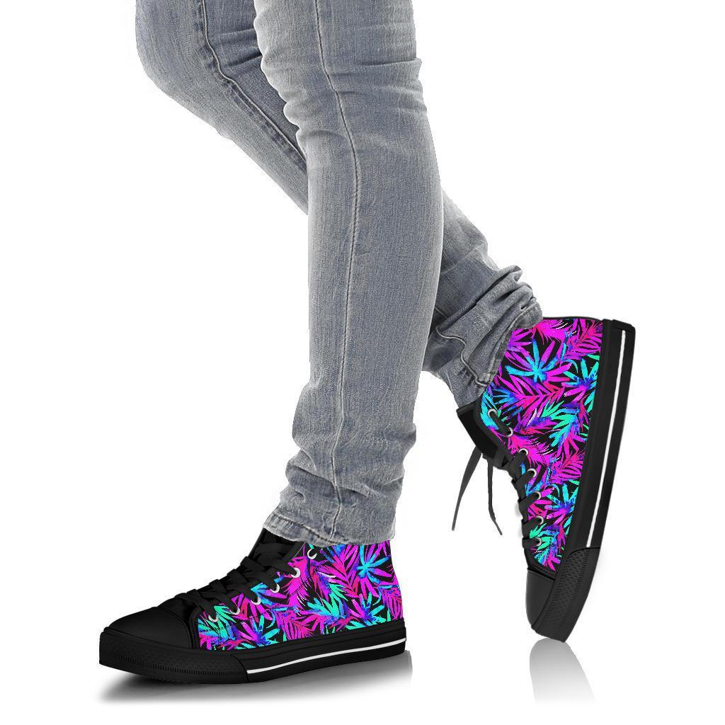 Neon Tropical Palm Leaves Hawaiian Pattern Print Men Women's High Top Shoes-grizzshop