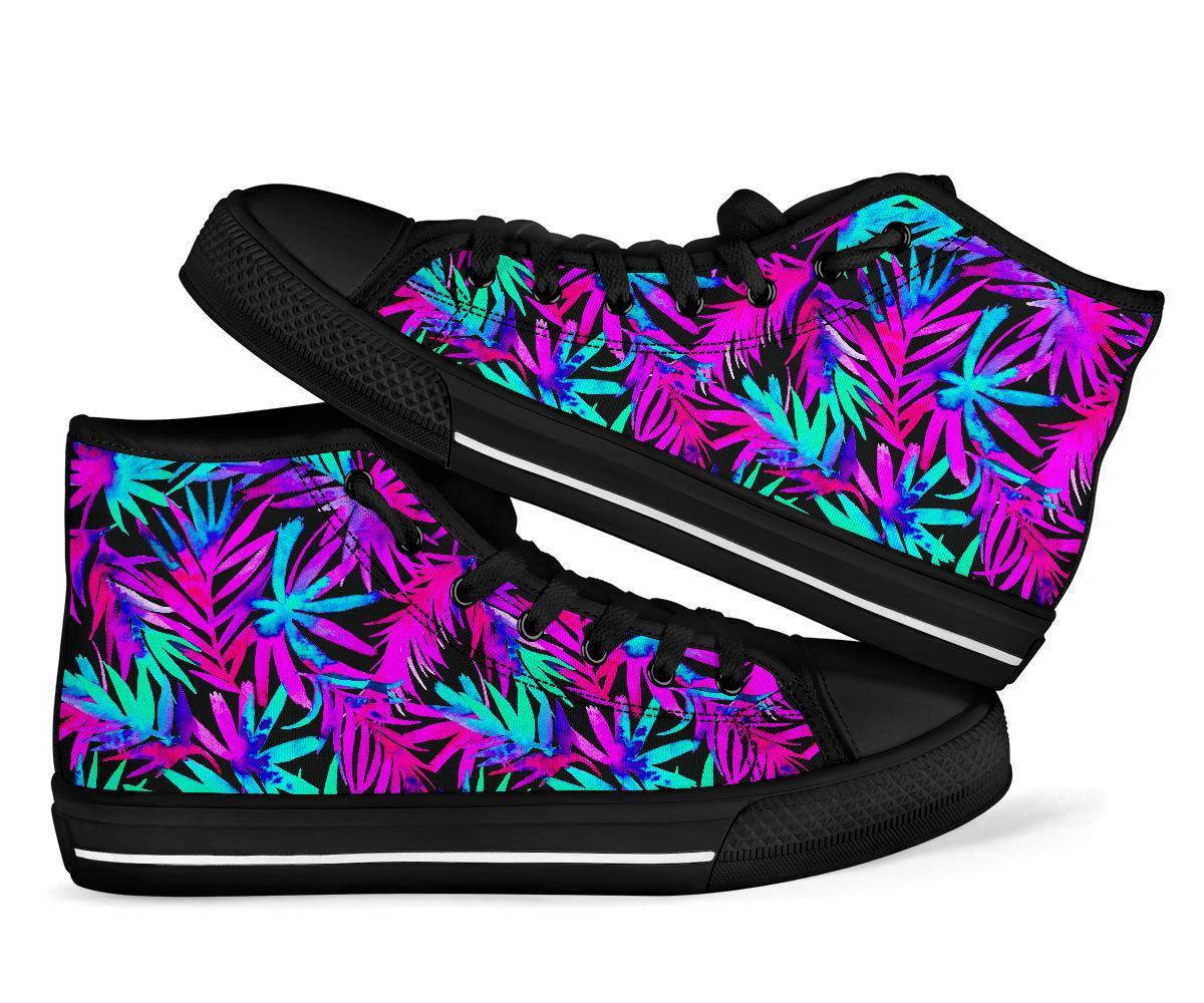 Neon Tropical Palm Leaves Hawaiian Pattern Print Men Women's High Top Shoes-grizzshop