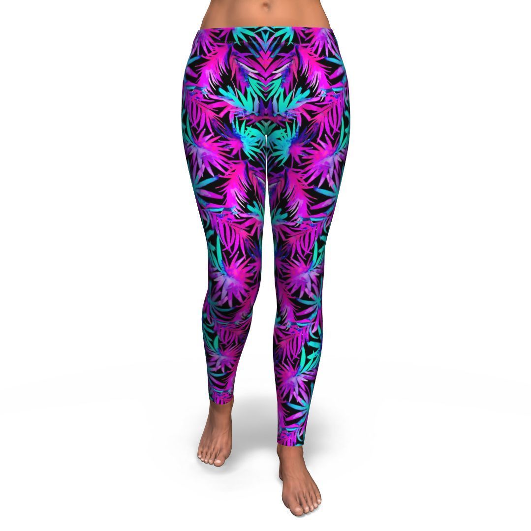 Neon Tropical Palm Leaves Hawaiian Pattern Print Pattern Women Leggings-grizzshop