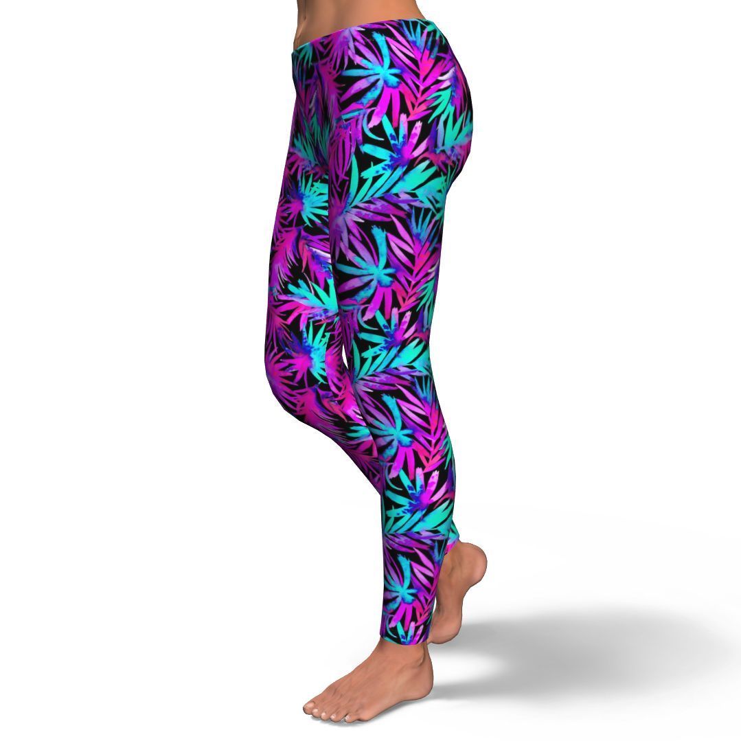 Neon Tropical Palm Leaves Hawaiian Pattern Print Pattern Women Leggings-grizzshop