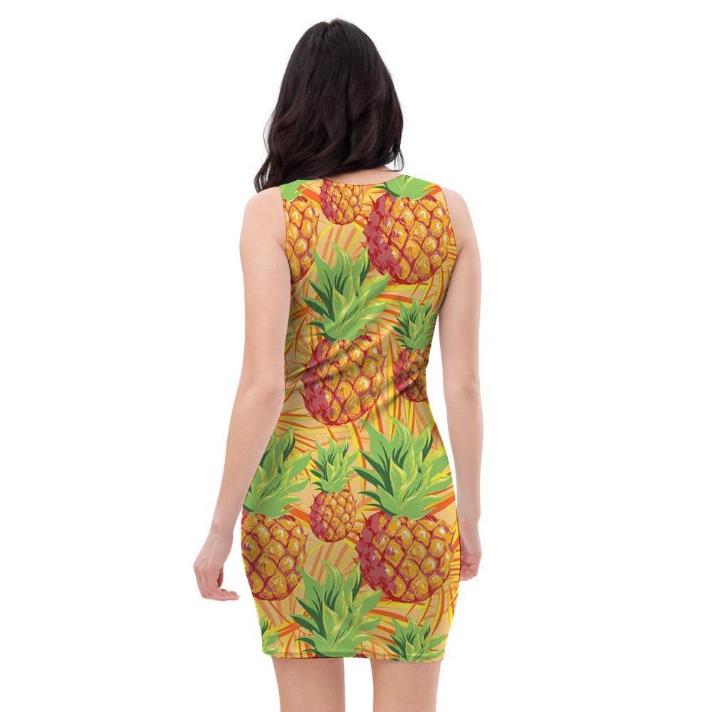 Neon Yellow Pineapple Hawaiian Print Bodycon Dress-grizzshop