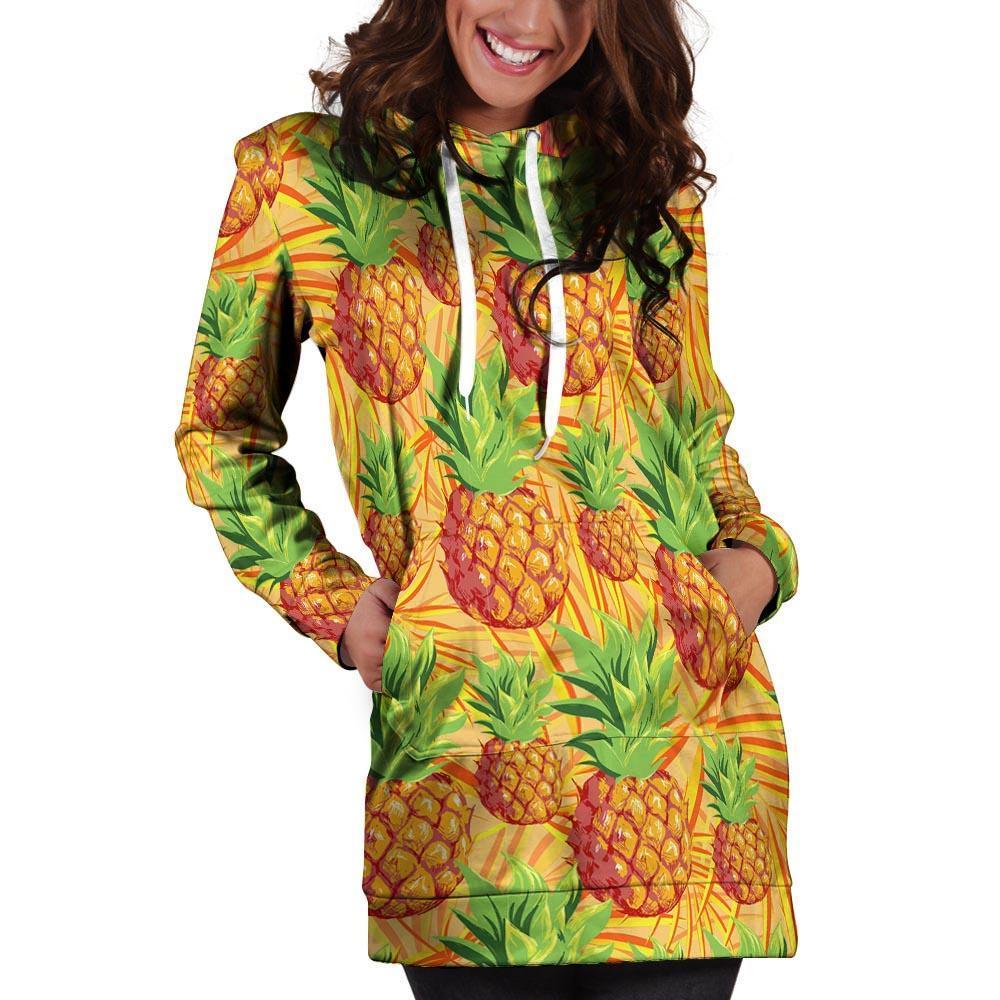 Neon Yellow Pineapple Hawaiian Print Hoodie Dress-grizzshop