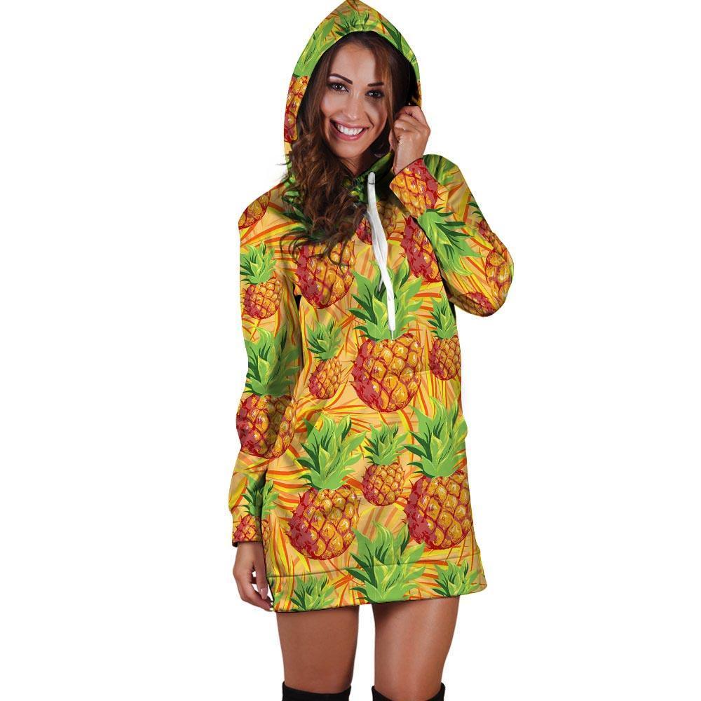 Neon Yellow Pineapple Hawaiian Print Hoodie Dress-grizzshop