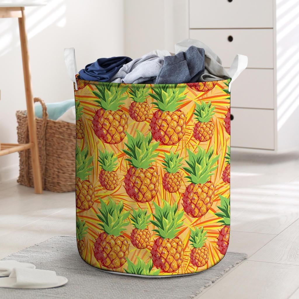 Neon Yellow Pineapple Hawaiian Print Laundry Basket-grizzshop
