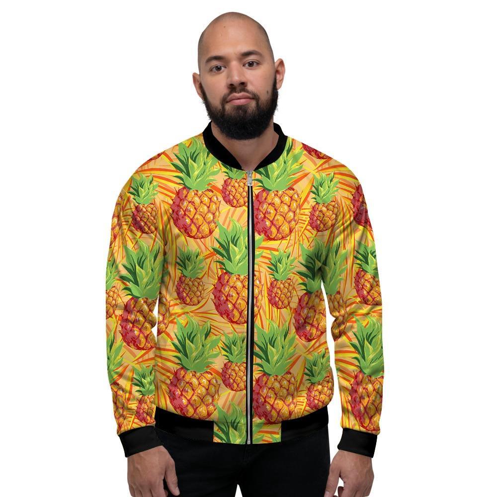 Neon Yellow Pineapple Hawaiian Print Men's Bomber Jacket-grizzshop