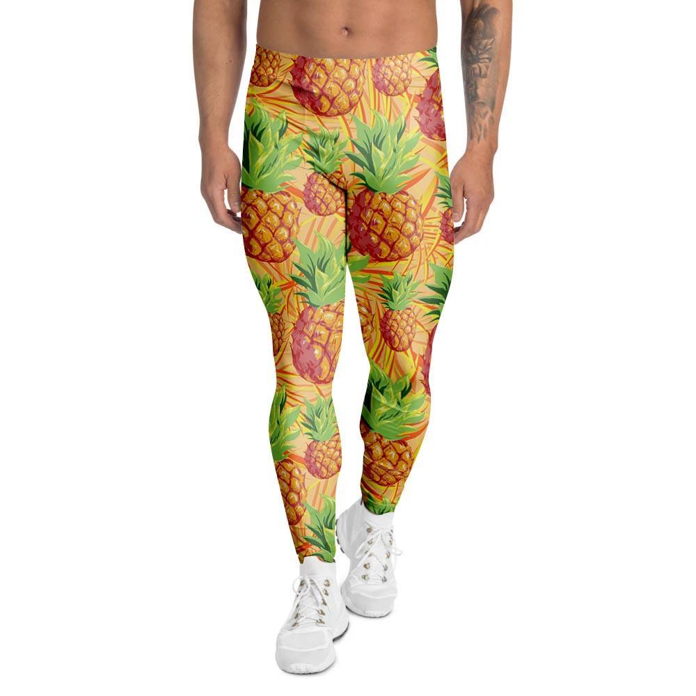 Neon Yellow Pineapple Hawaiian Print Men's Leggings-grizzshop