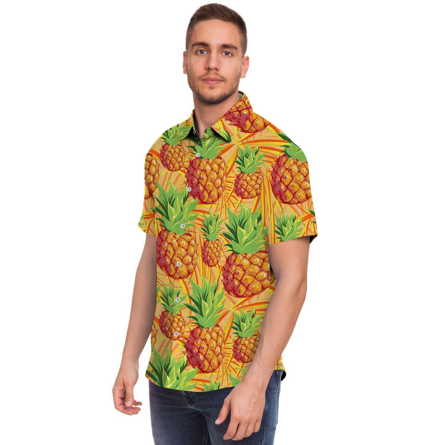 Neon Yellow Pineapple Hawaiian Print Men's Short Sleeve Shirt-grizzshop