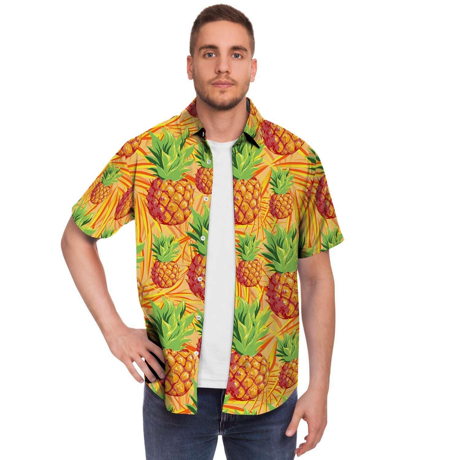 Neon Yellow Pineapple Hawaiian Print Men's Short Sleeve Shirt-grizzshop