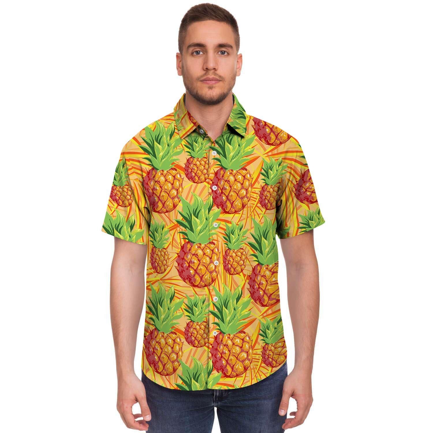 Neon Yellow Pineapple Hawaiian Print Men's Short Sleeve Shirt-grizzshop