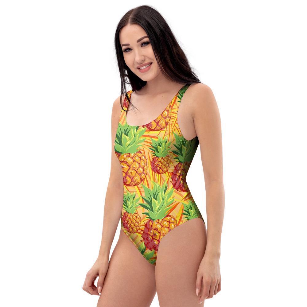 Neon Yellow Pineapple Hawaiian Print One Piece Swimsuite-grizzshop