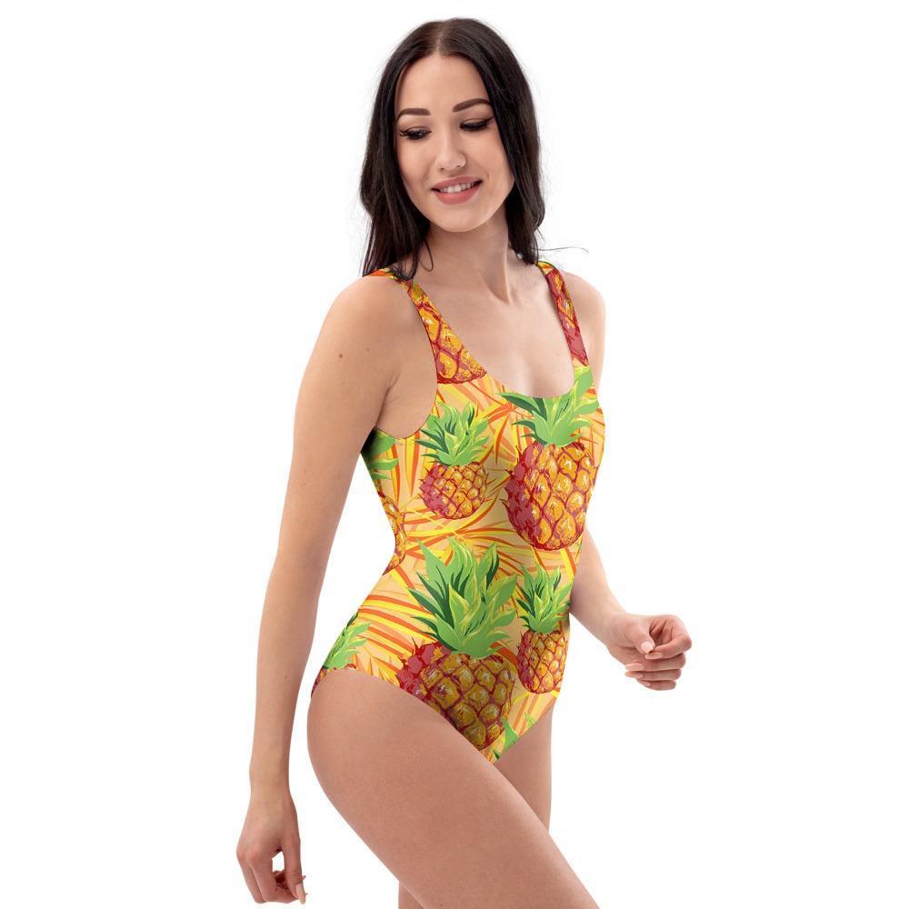 Neon Yellow Pineapple Hawaiian Print One Piece Swimsuite-grizzshop