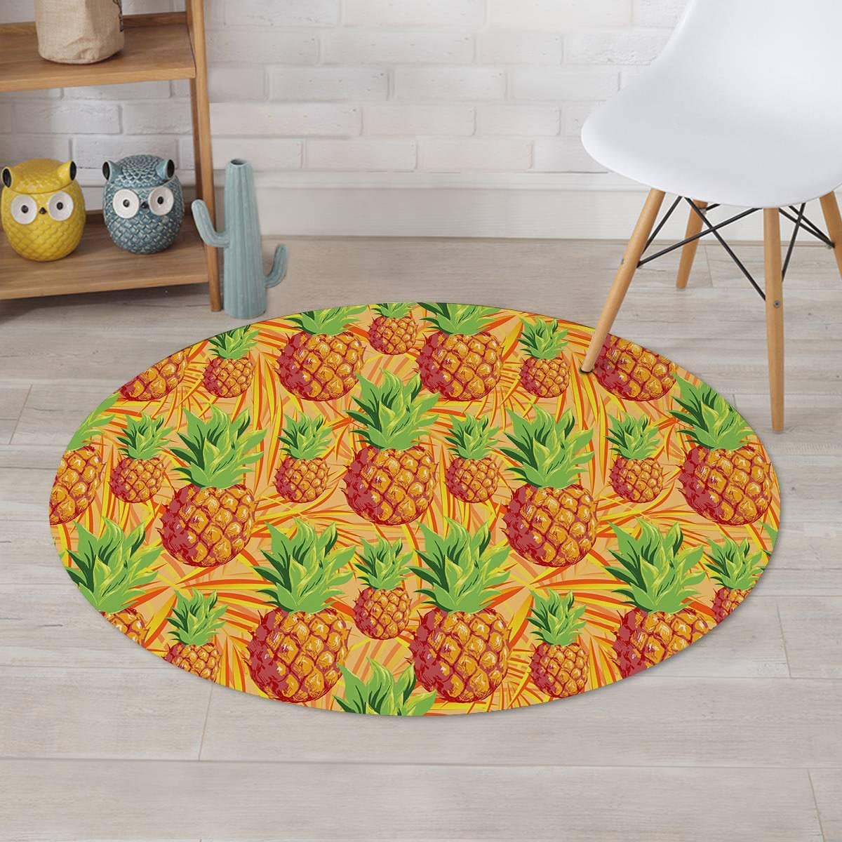 Neon Yellow Pineapple Hawaiian Print Round Rug-grizzshop