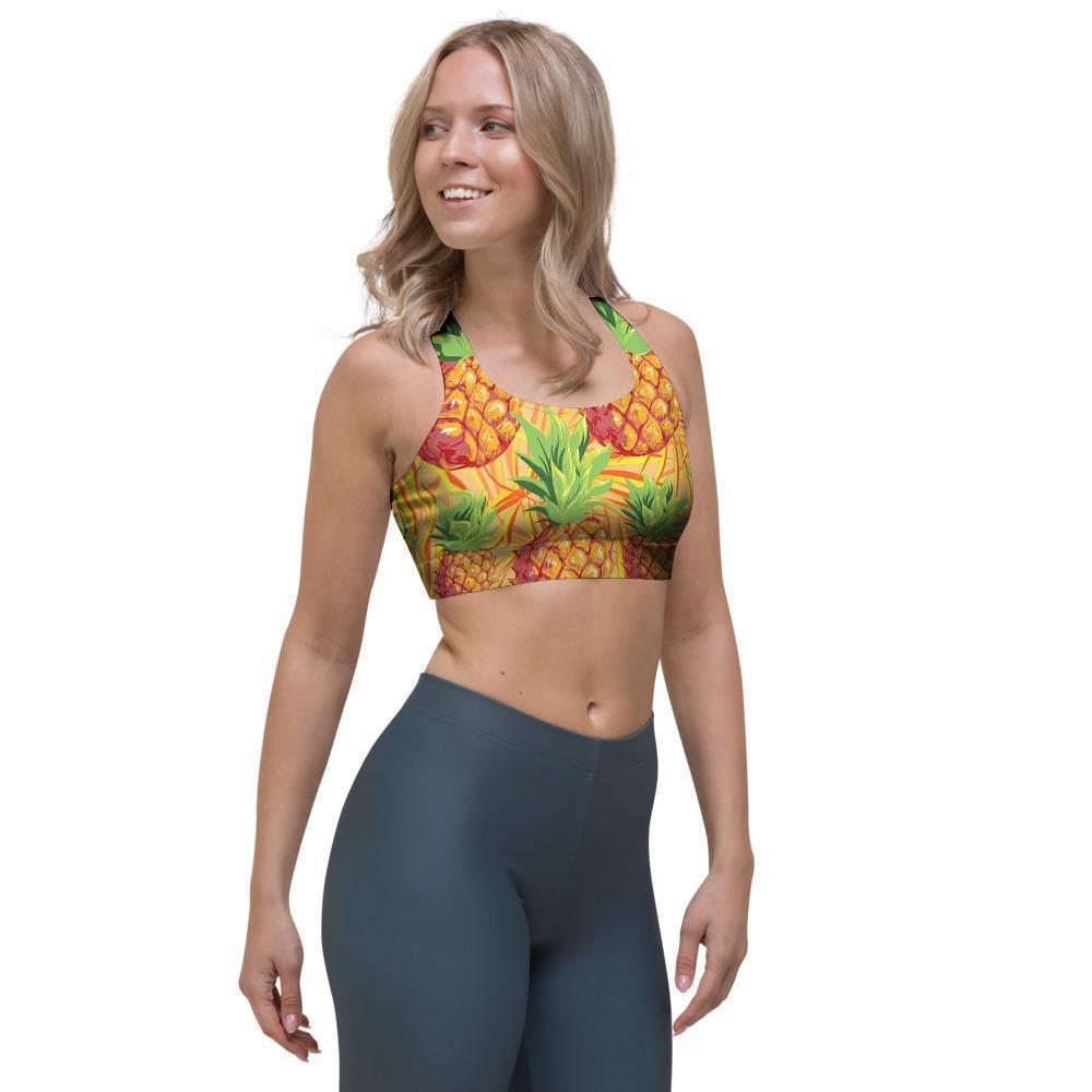 Neon Yellow Pineapple Hawaiian Print Sports Bra-grizzshop