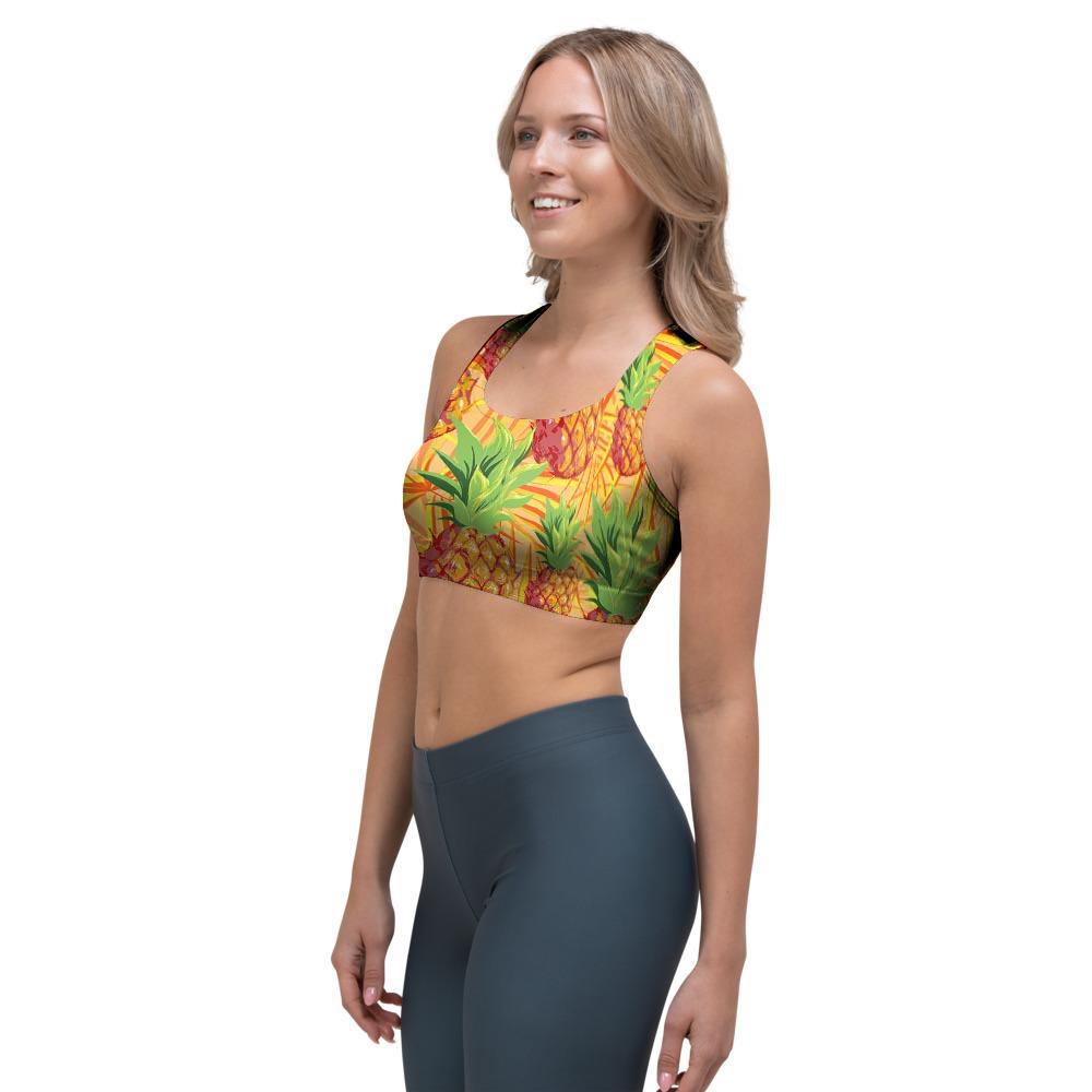 Neon Yellow Pineapple Hawaiian Print Sports Bra-grizzshop