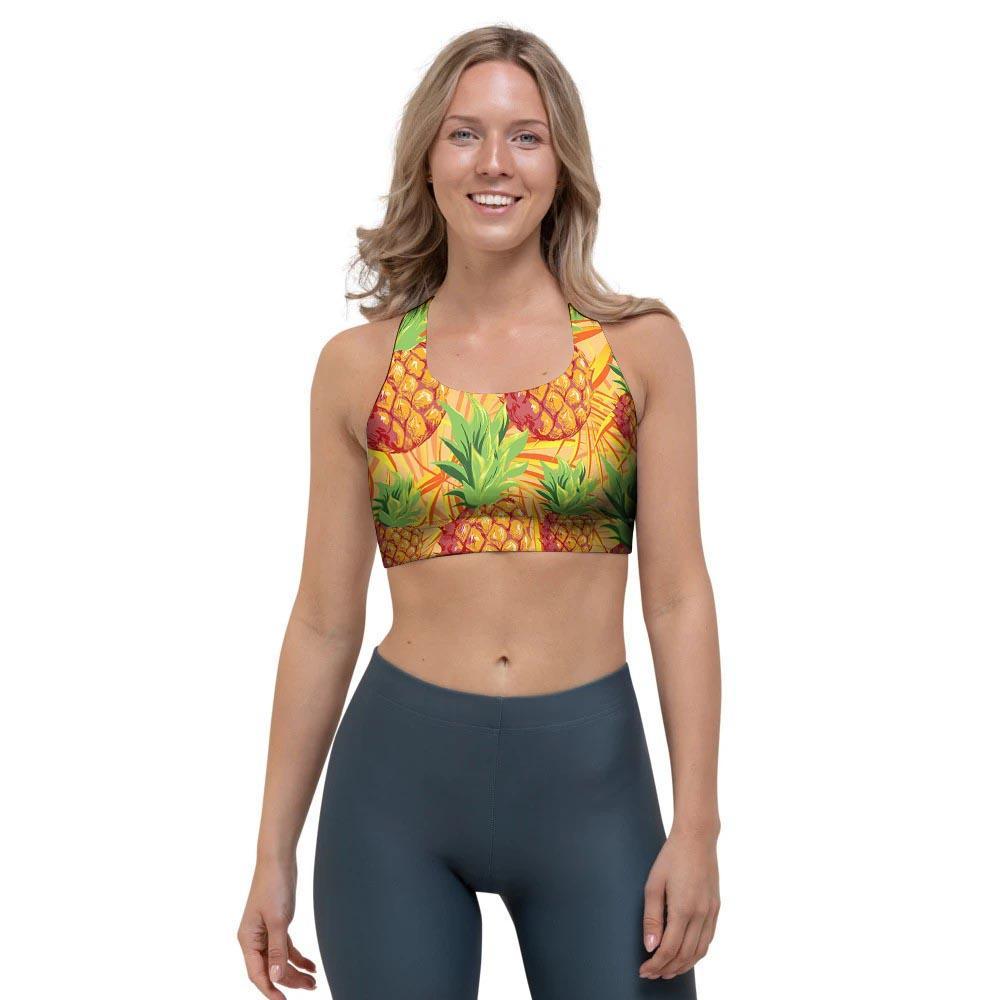 Neon Yellow Pineapple Hawaiian Print Sports Bra-grizzshop