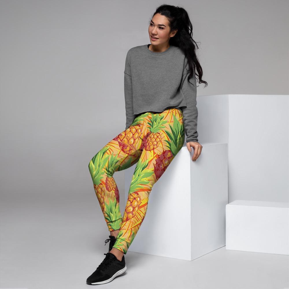 Neon Yellow Pineapple Hawaiian Print Women's Joggers-grizzshop