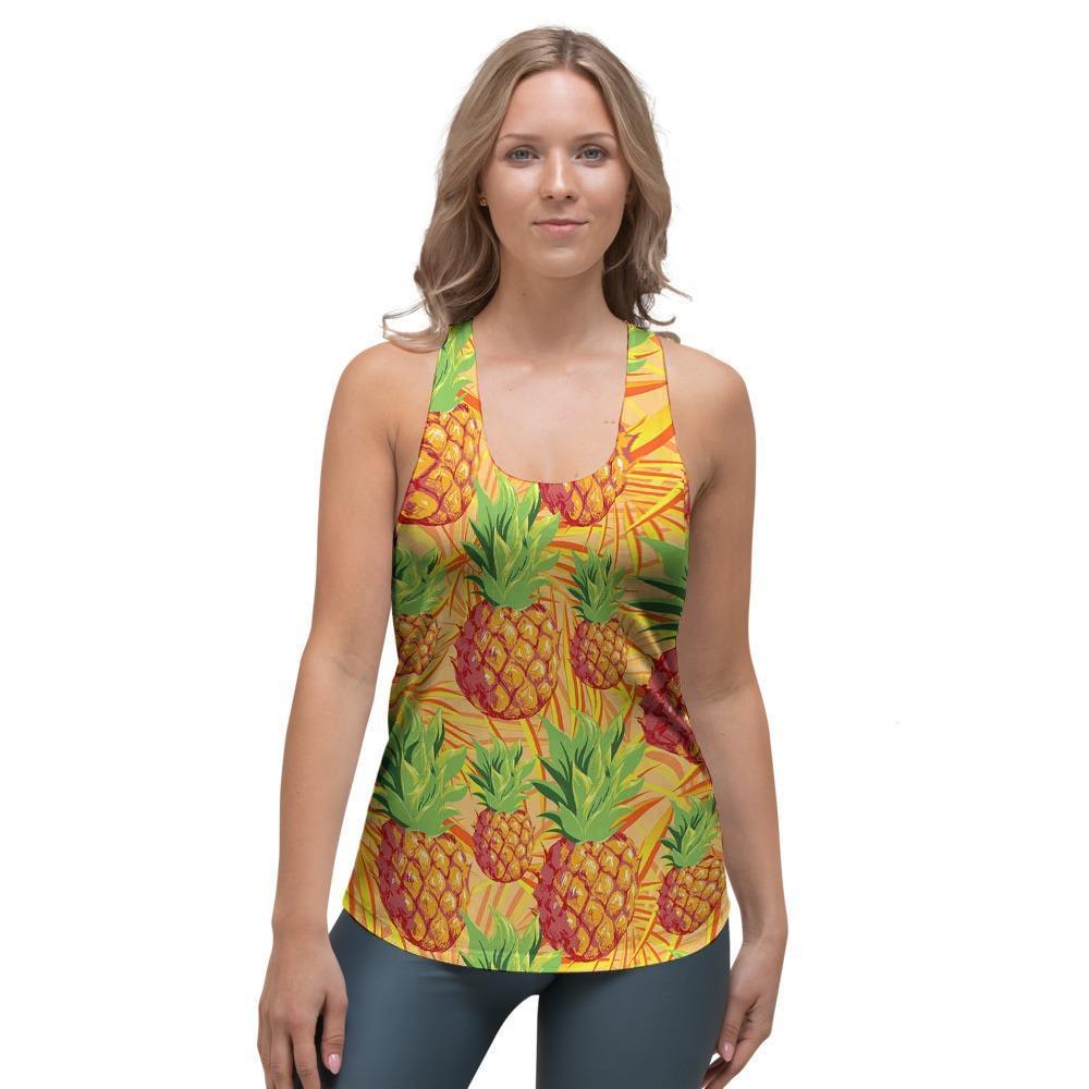 Neon Yellow Pineapple Hawaiian Print Women's Racerback Tank Top-grizzshop