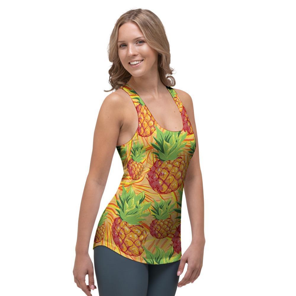 Neon Yellow Pineapple Hawaiian Print Women's Racerback Tank Top-grizzshop